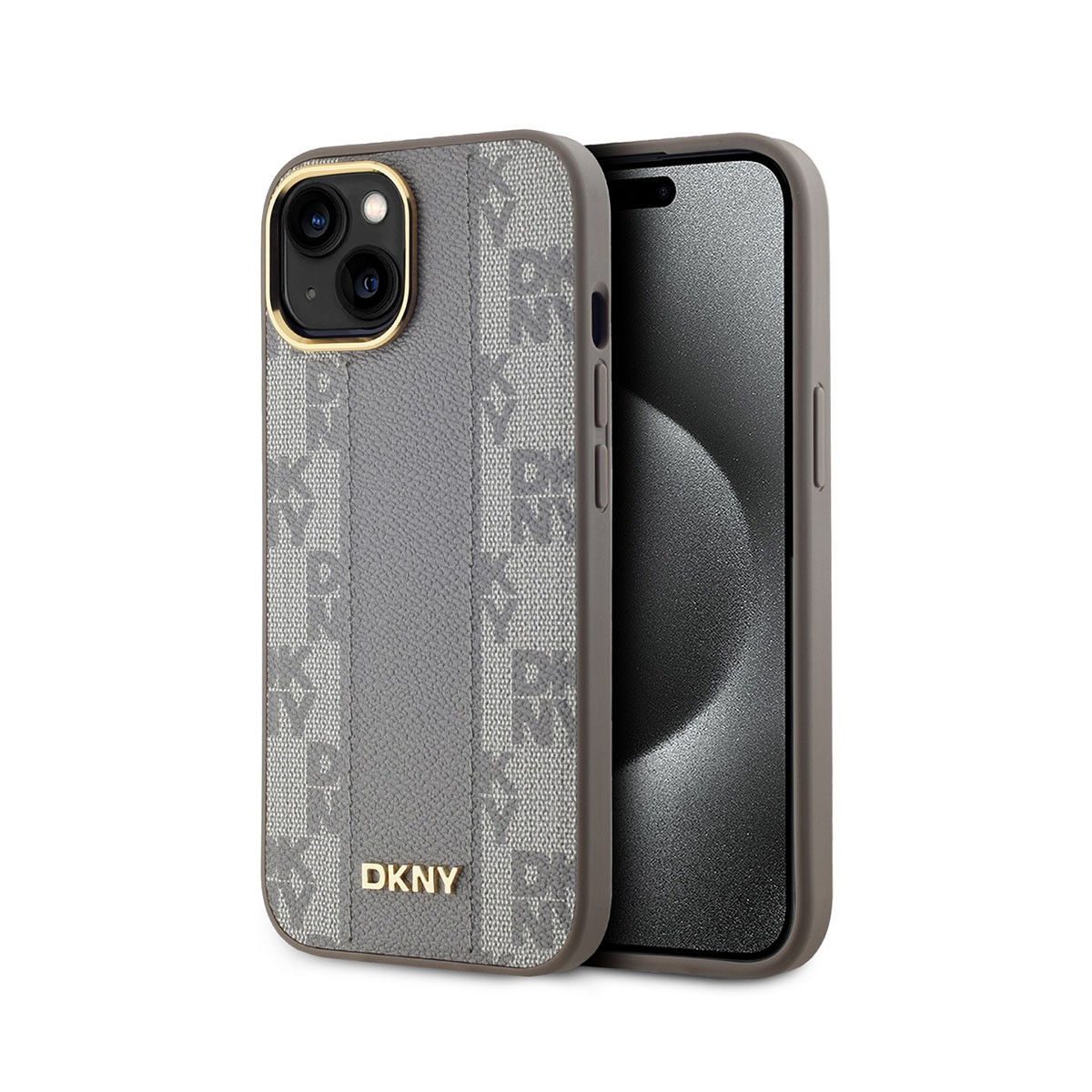 Coque iPhone 15 DKNY beige motif damier pour style urbain chic - 2