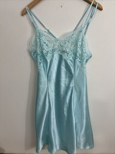 Vtg Victoria  s Secret Satin Lace Chemise Slip Dress Medium Blue 90  s Fairycore