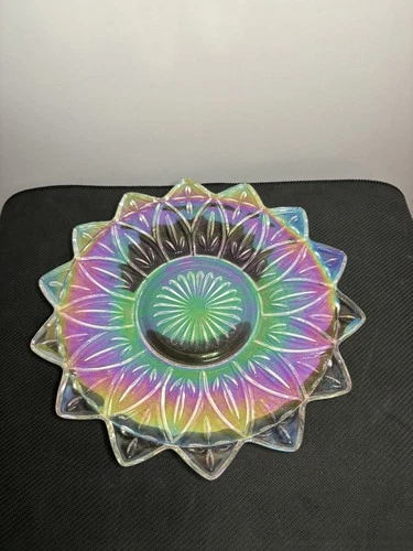 Vintage Federal Glass, Iridescent Carnival Glass, Star Petal Plate, Rainbow