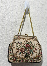 VTG Purse Tapestry Petit Point Needlepoint Floral Metal Frame Clutch Bag