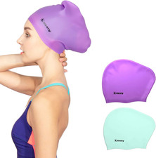 Keary 2 Pack Updated Silicone Swim Cap for Long Hair Women Girl Waterproof Bathi