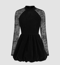 Cider Black Velvet Lace Mandarin Collar Bubble Hem Mini Dress Whimsigoth Sz L