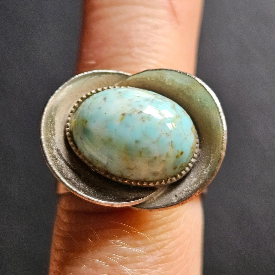 Bague pierre turquoise ? monture illusion de rose métal inoxydable ajustable - Photo 4/4