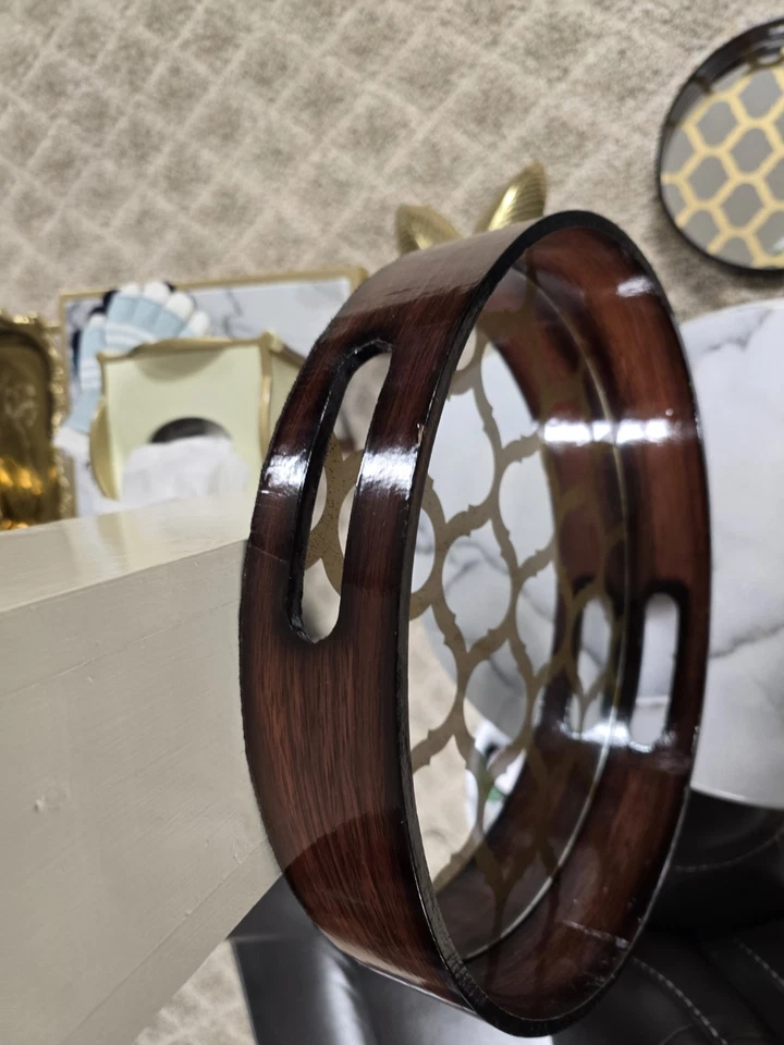 Pair Fuzhou Rirong imports 14 inch Hard Wood & Mirror Glass Round Serving Tray - Image 4 of 4