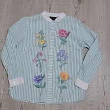 Bob Mackie Wearable Art Mint Green Striped Embroidered Floral Button-Front Shirt