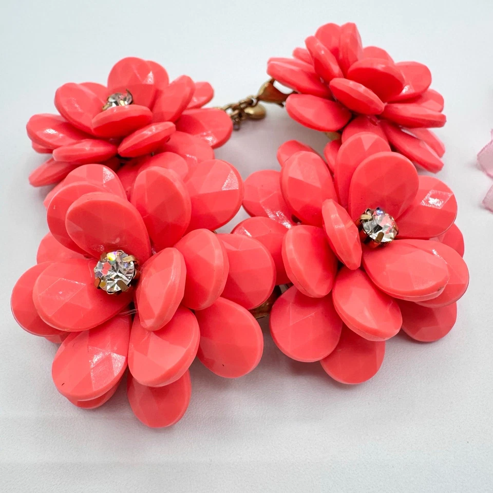 J. Crew Salmon Color Chunky Flower Bracelet Statement Signed Rhinestone Brass - Image 2 of 4