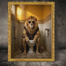 Lion Sitting on a Toilet Canvas Wall Art Humorous Bathroom Canvas Print w/Framed