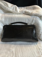 Vintage Black Structured Top-Handle Glossy Crocodile Embossed Texture Clutch