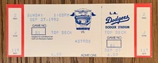 1992 Shane Reynolds First Win RC Piazza Hit #11 Full Ticket Stub Dodgers Astros