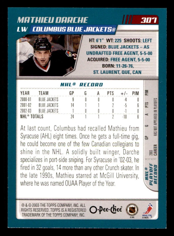 2003-04 O-Pee-Chee #307 Mathieu Darche (ref 237536) - Image 2 of 2