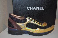 CHANEL 14K Runway Tweed Multi Color Holographic Lace Up Fashion Sneaker Shoe 35