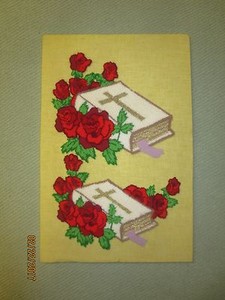Vintage BIBLES WITH RED ROSES Punch Needle EMBROIDERY - Mounted 12" x 18"
