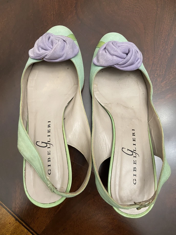 Sandalias Gibellieri Hechas en Italia Para Mujer Verde Lila Flor Gamuza Talla 38 Foto 3 de 4