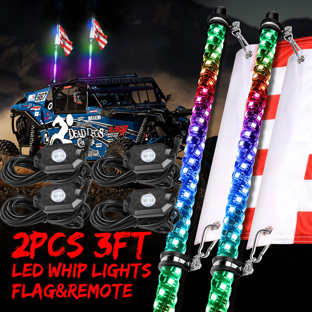 2x 3ft Lighted Spiral LED Whip Antenna + Flag&Remote+ 4-Pods RGB LED Rock Lights