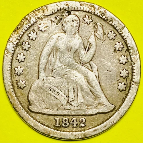 1842 (F-Fine) U.S. SEATED LIBERTY SILVER DIME 10c COIN, 1.8M Mintage!