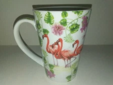 Jason Lee Lissom Design Coffee Tea Mug Cup Flamingos Floral Plant Design Ceramic