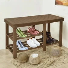 Shoe Rack Bench 3-Tier Soild Wooden Entryway Storage Organizer Shelf Brown