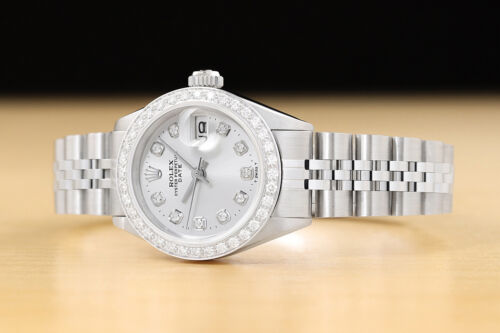 LADIES ROLEX DIAMOND DATE 18K WHITE GOLD STAINLESS STEEL SILVER DIAL WATCH - Picture 2 of 7