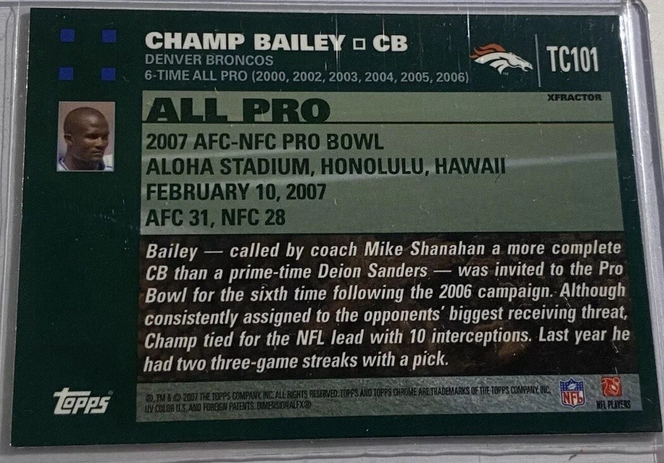 2007 Topps Chrome - All-Pro X-Fractor #TC101 Champ Bailey - Image 2 of 2