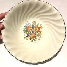 Vintage Round Pattern Serving Tray Bowl Eggshell Colored, Orange Flowered Design