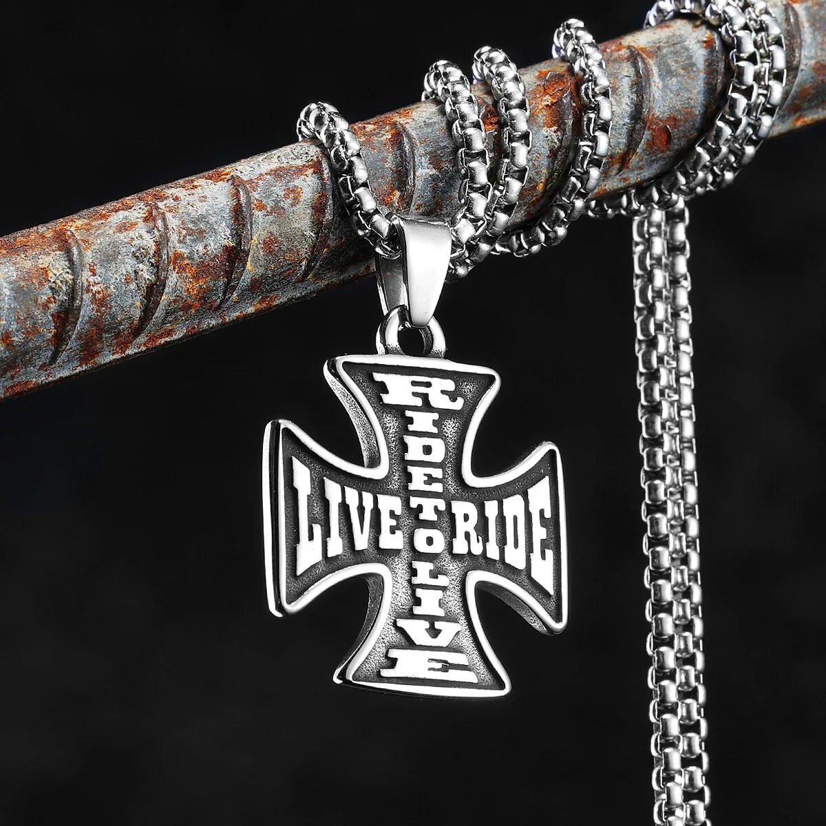 Live to Ride Cross Men Necklace Stainless Steel Pendant Chain Biker Amulet