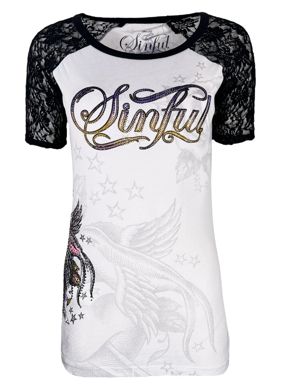 Женская футболка Sinful by Affliction с травяной байкерской татуировкой белого цвета