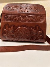 Vintage brown tooled leather handbag purse Boho southwestern unique retro bag