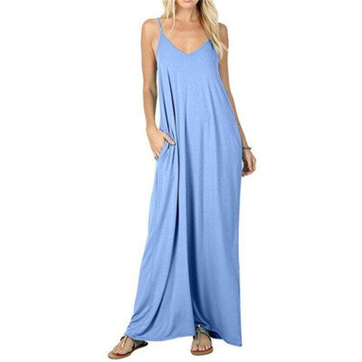 Womens Maxi Beach Dress V-Neck Spaghetti Strap Pockets Soft Summer Long Flowing 