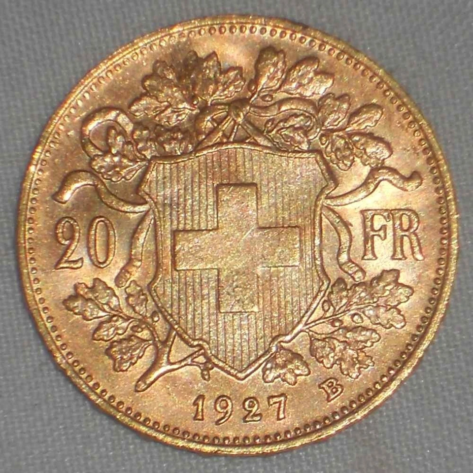 Hermosa moneda de oro 1927B Suiza Confederación Suiza veinte francos AU Foto 3 de 3