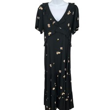Madewell Maxi Dress Women 10 Black Daisy Floral Ruffle Boho Tiered Cottagecore