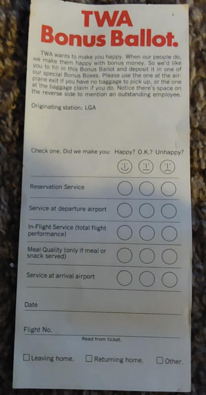NEW VINTAGE TRANS WORLD AIRLINE PASSENGER BONUS BALLOT