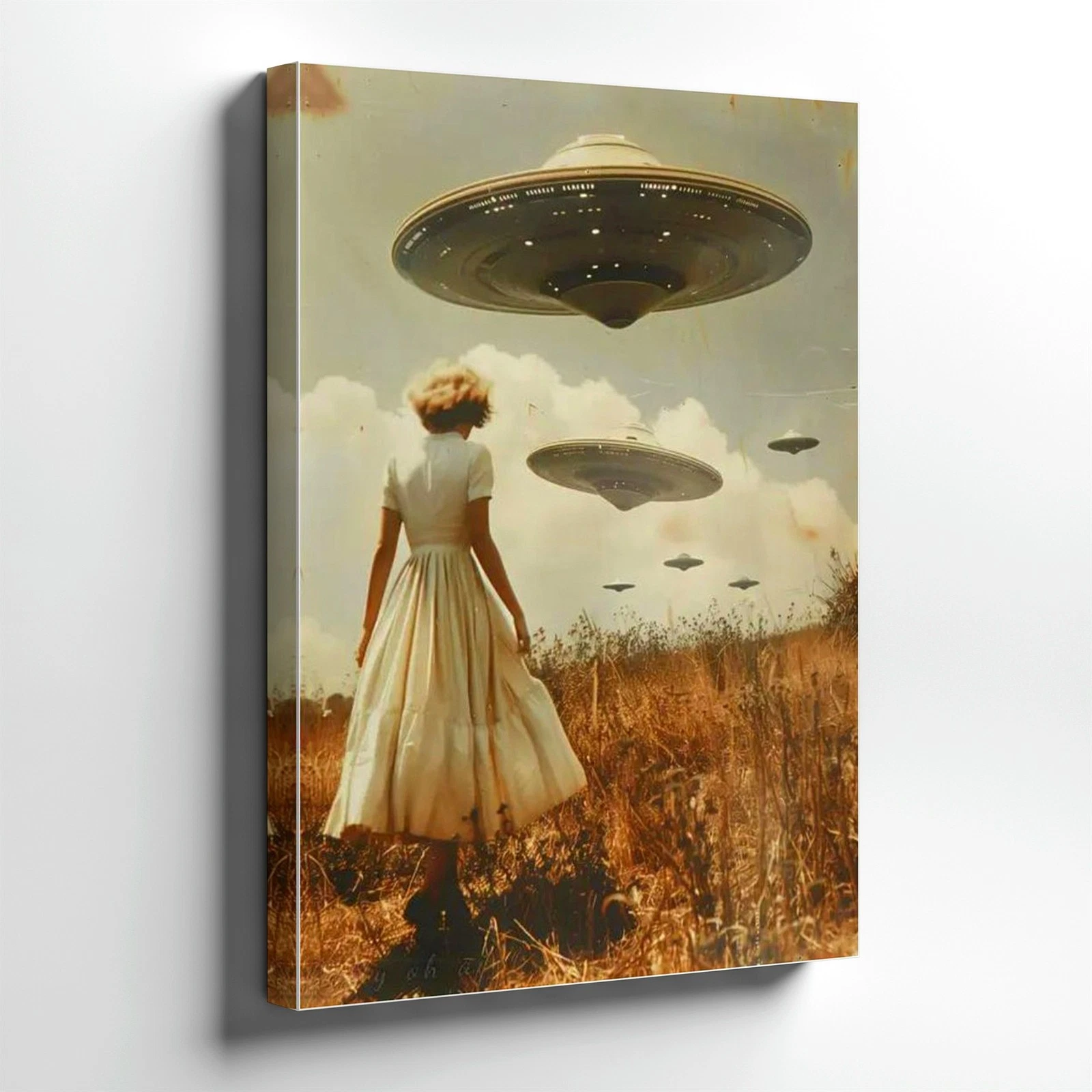 Wall Art Retro Sci Fi UFO Poster Woman in Field Surreal Alien Spaceship Print