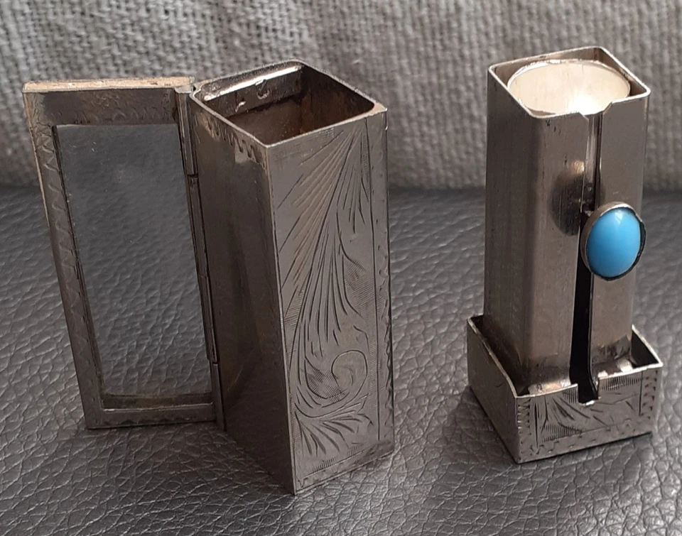 Ancien Étui à Rouge à Lèvres Miroir Métal Argenté Ciselé Turquoise - Photo 4/4