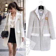 9K CHANEL 12PF Ivory Creme Metallic Silk Collar Mohair Tweed Coat 38 40 42