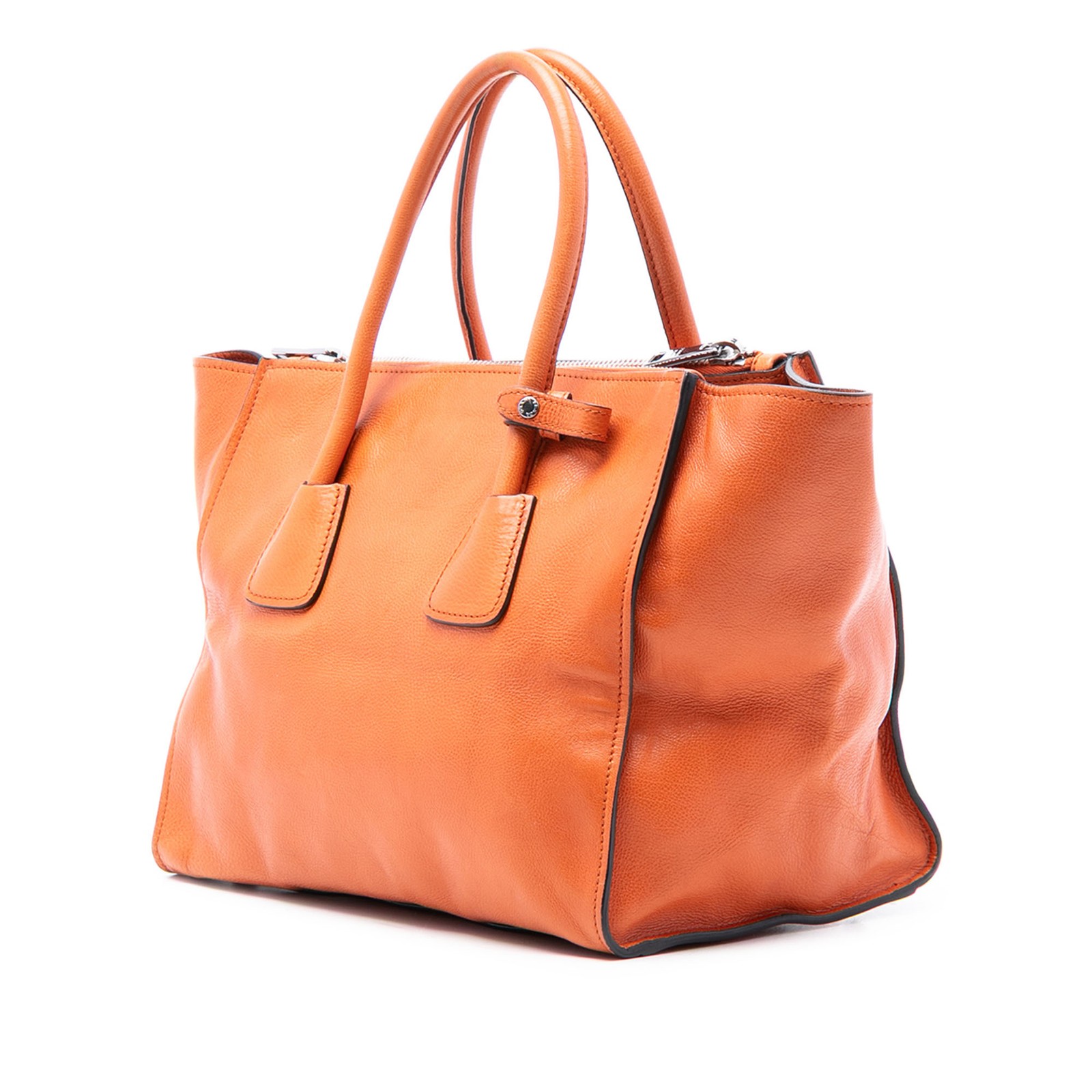 Authenticated Prada Glace Calf Twin Pocket Orange Leather Satchel thumbnail 2