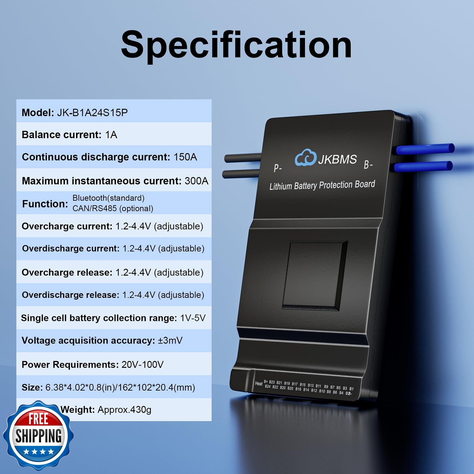 JKBMS Smart BMS 8S-24S 150A 1A Active Balance Built-in Bluetooth with RS485 P