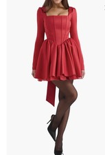 HOUSE OF CB Nina Red Satin Corset Mini Dress with Bow, Puff Long Sleeves, XS