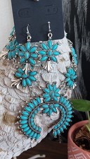 Turquoise Chunky Statement Necklace Earrings Set Boho Tribal Floral Southwestern