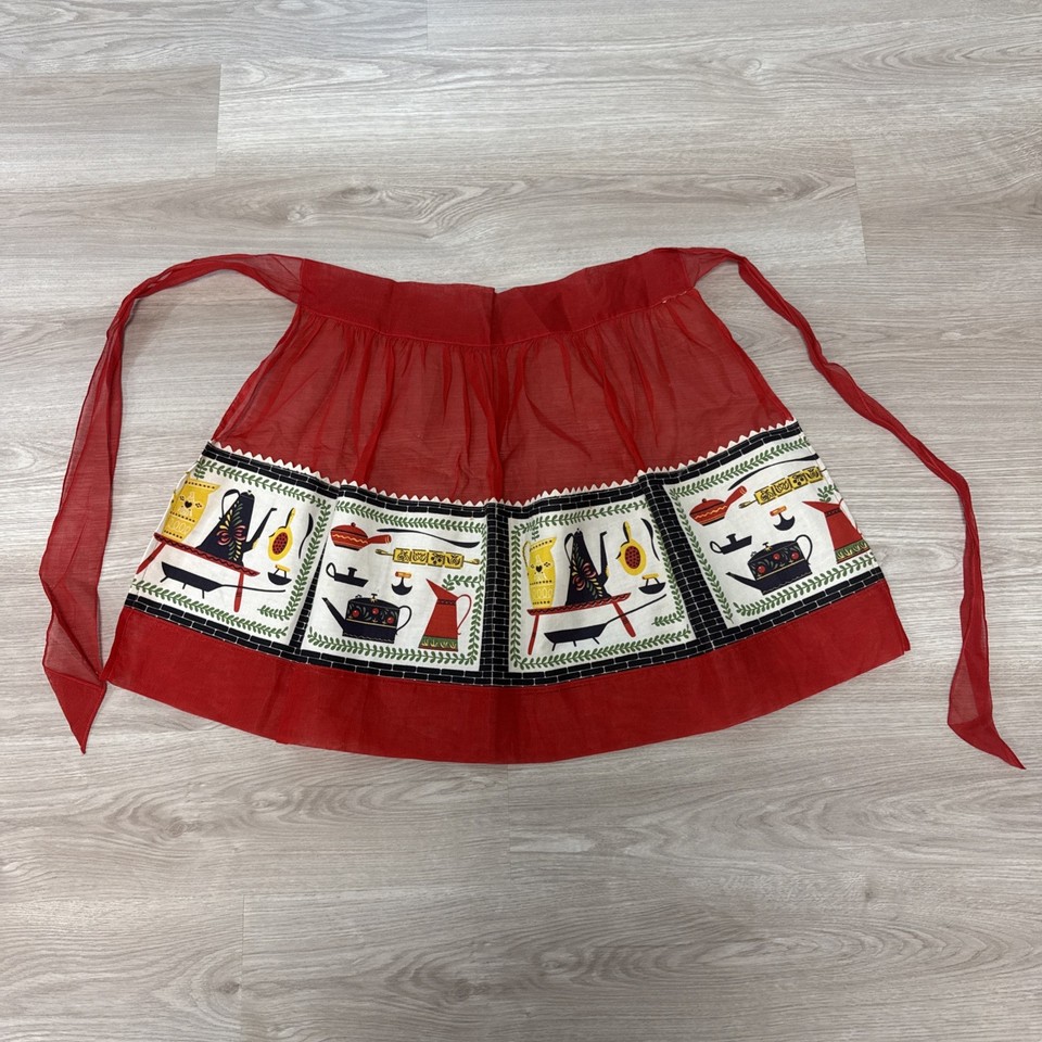 VTG MCM Pennsylvania Dutch Red Half Apron Kitchen Gadgets Retro Rickrack Linen