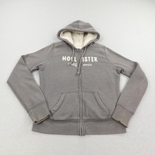 Hollister Hoodie Womens Medium Gray Sherpa Fleece Lined Sweatshirt Full Zip Y2K