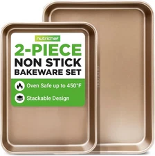NutriChef Non Toxic Baking Pan, Non-Stick Bake Trays w/Rimmed Borders, Gold 