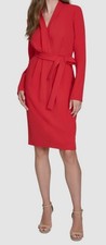 Halston Women's Red V-Neck Belted Long-Sleeve Sheath Dress Size 12