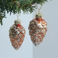 New Hand Blown Glass Pinecone Ornament Copper w/Silver Glitter Set of Two 2