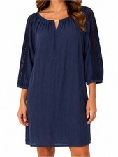 Indigo Rose  Navy Blue Crochet Sleeve Keyhole Shift Dress Gold Detail SZ MD