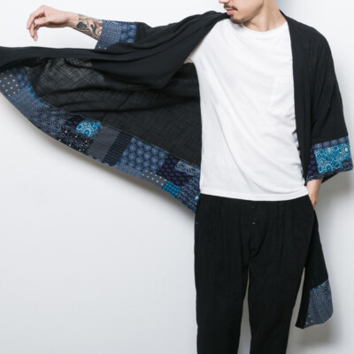Mens Cardigan Coat Jackets Patchwork Linen Harajuku Vintage Chinese Style