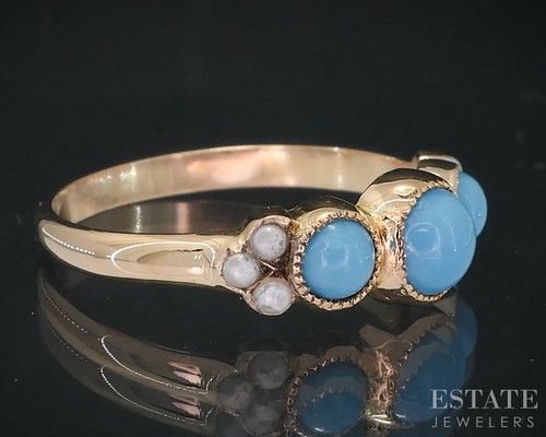Antique Victorian 9k Yellow Gold Natural Turquoise & Seed Pearl Ring 1.9g i18854 - Picture 2 of 4