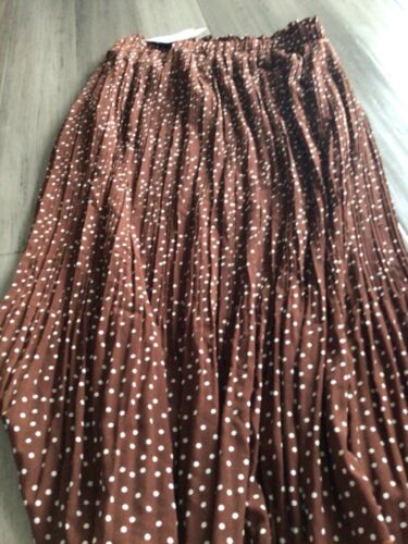 NWT EXLURA Women Skirt Midi MEDIUM Brown Polka Dot Pleated Swing Skirt Pockets