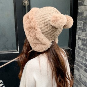 Women Faux Fur Knit Bobble Beanie Hat 