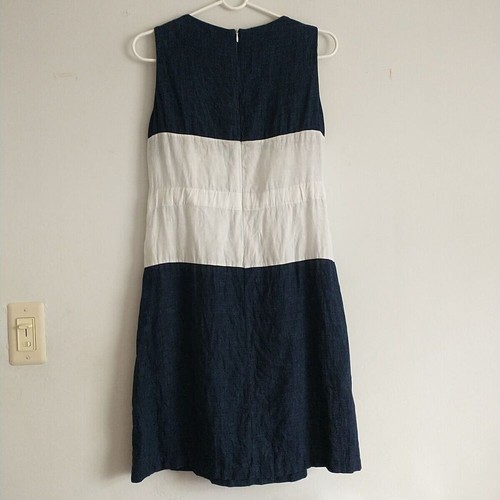 Armani Collezioni Shift Dress 40/S Navy Blue White Colorblock 100% Linen Italy - Picture 4 of 10