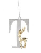 Ganz Elegant Silver Monogram Letter "T" Ornament Accented w/Gold Reindeer Zinc